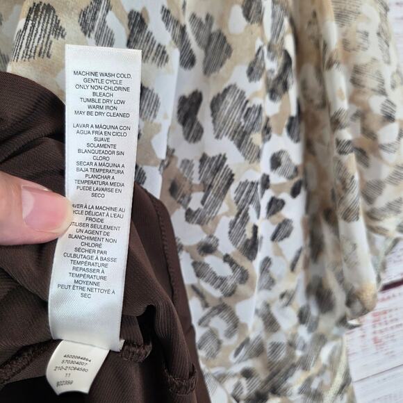 Chicos Asymmetrical Jayma Animal Print Blouse L Desert Beige Sheer Layer Top NWT - Picture 8 of 12